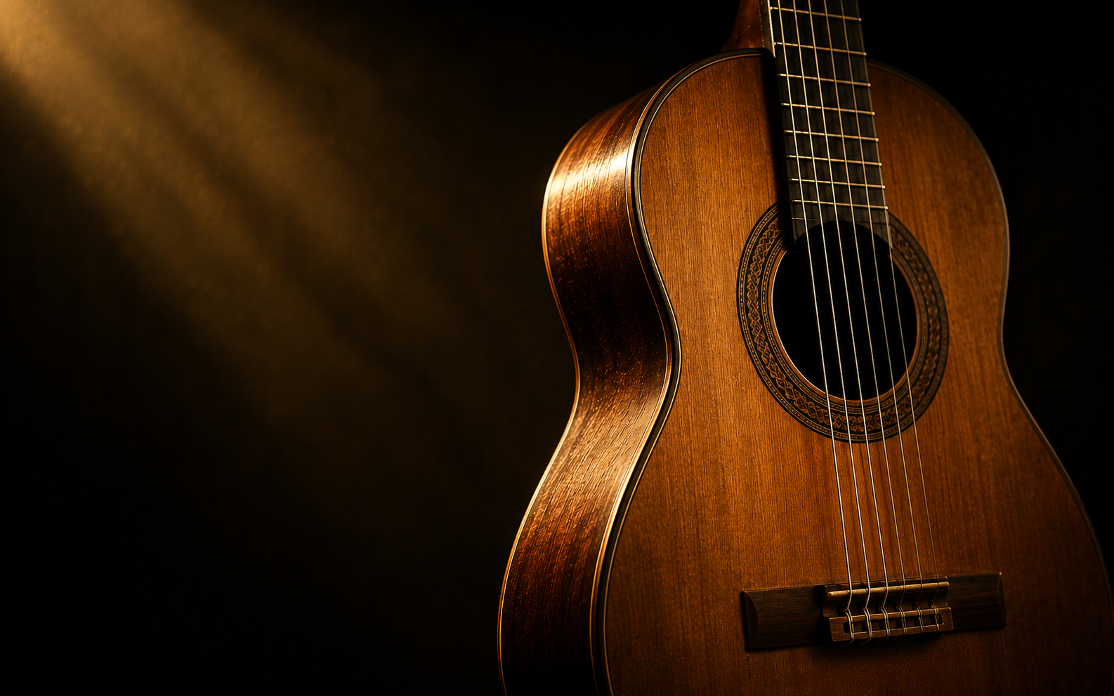 Luthier trabalhando em um violão sob iluminação dramática e quente